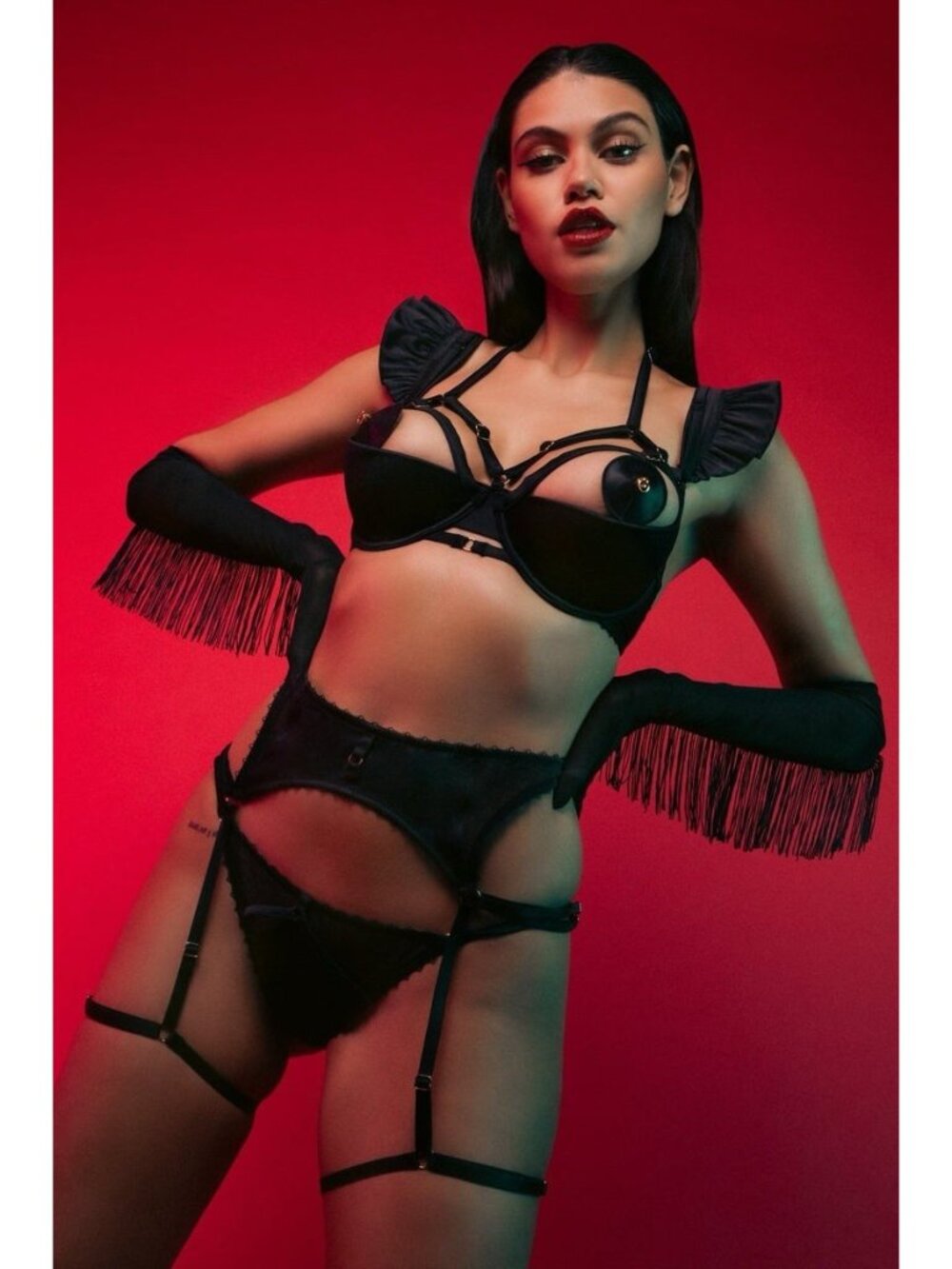 Playful Promises Noelle Black Satin Strappy Quarter Cup Harness Bra Sz 32DDD 32F